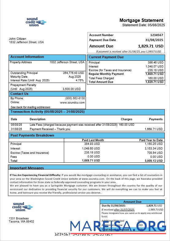 Downloadable USA Washington Sound Credit Union mortgage statement in Word and PDF formats example